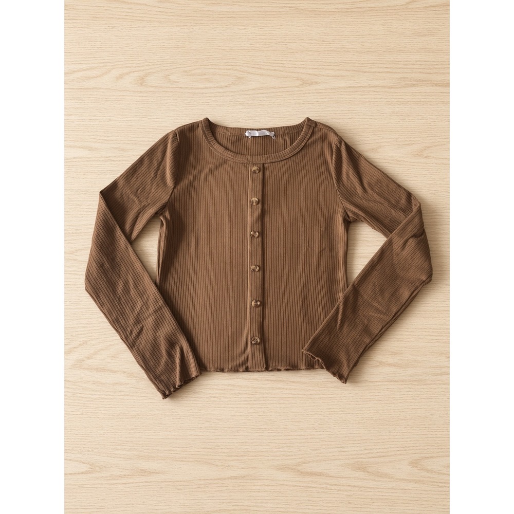Beautees Girls Brown Ribbed Knit Button Front Cardigan Size 7/8 Lettuce Hem